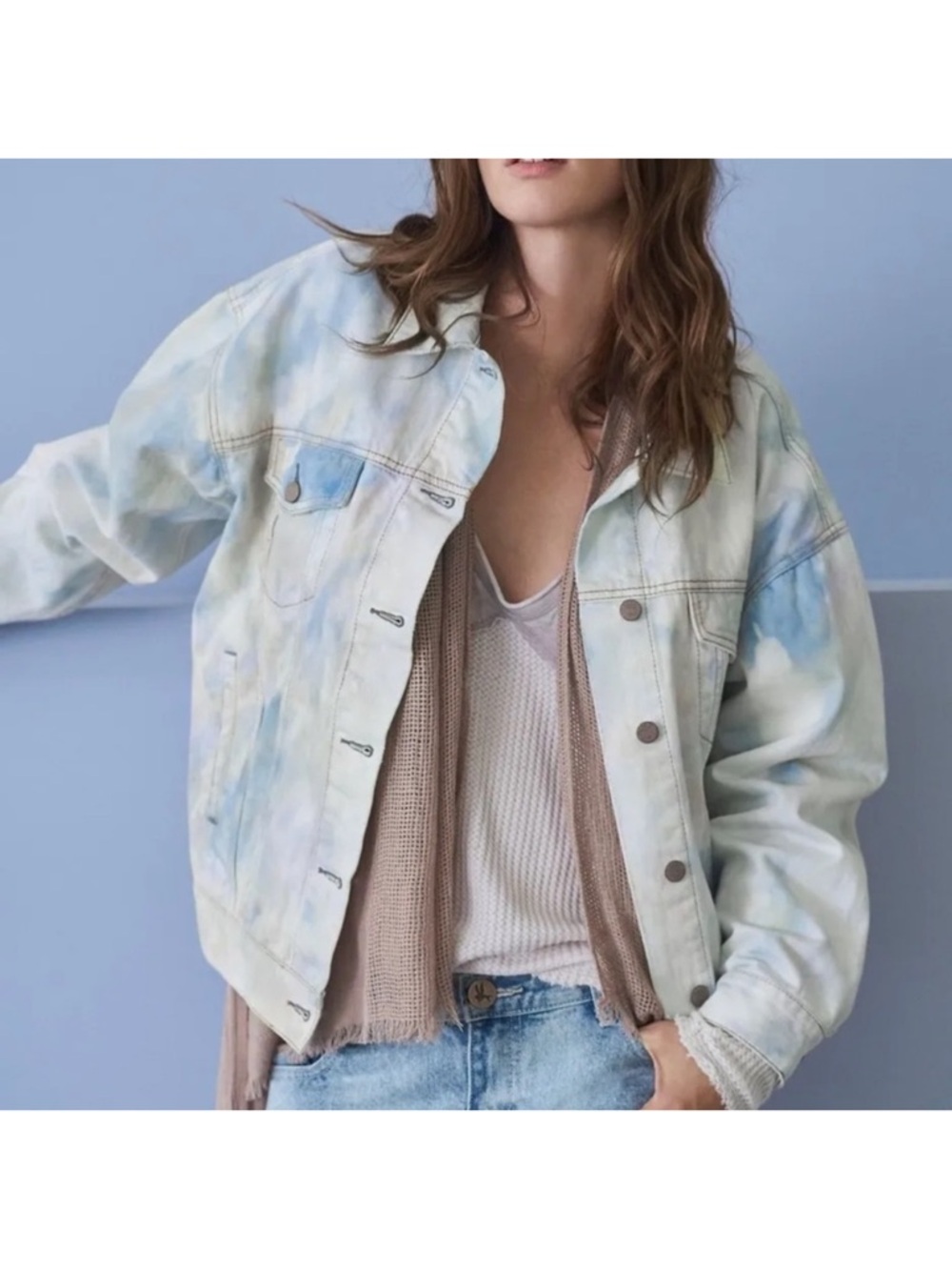 Free People Watercolor Tie Dye Denim Trucker Jacket Oversized Boho